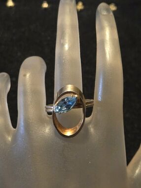 VTG 14kt Hold Overlay Shank Signed Halo Marquis Cut Sky Blue Gemstone Ring 7